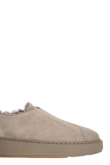 Santoni Slip-On Suede Sneakers With Fur