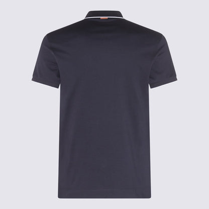 Zegna Navy Blue And White Cotton Polo Shirt