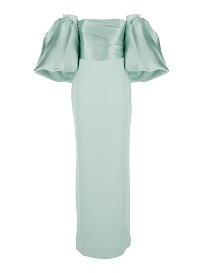 'Floris' Green Long Dress With Boat Neckline And Puffed Short Sleeves In Tech Fabric Woman