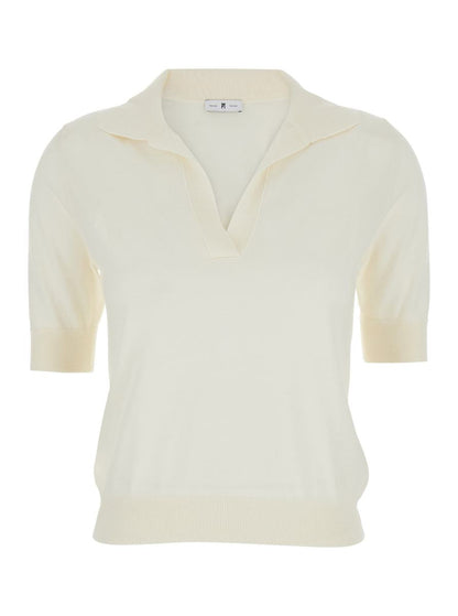 White Polo With V-Neck And Short Sleeves In Virgin Wool Woman