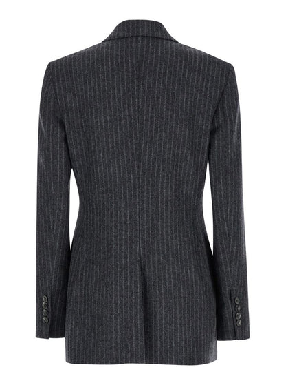 Grey Striped Double-Breasted Jacket In Wool Woman