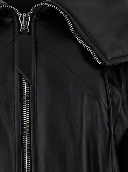 Black Bomber Jacket With Zipped Oversized Hood In Leather Woman
