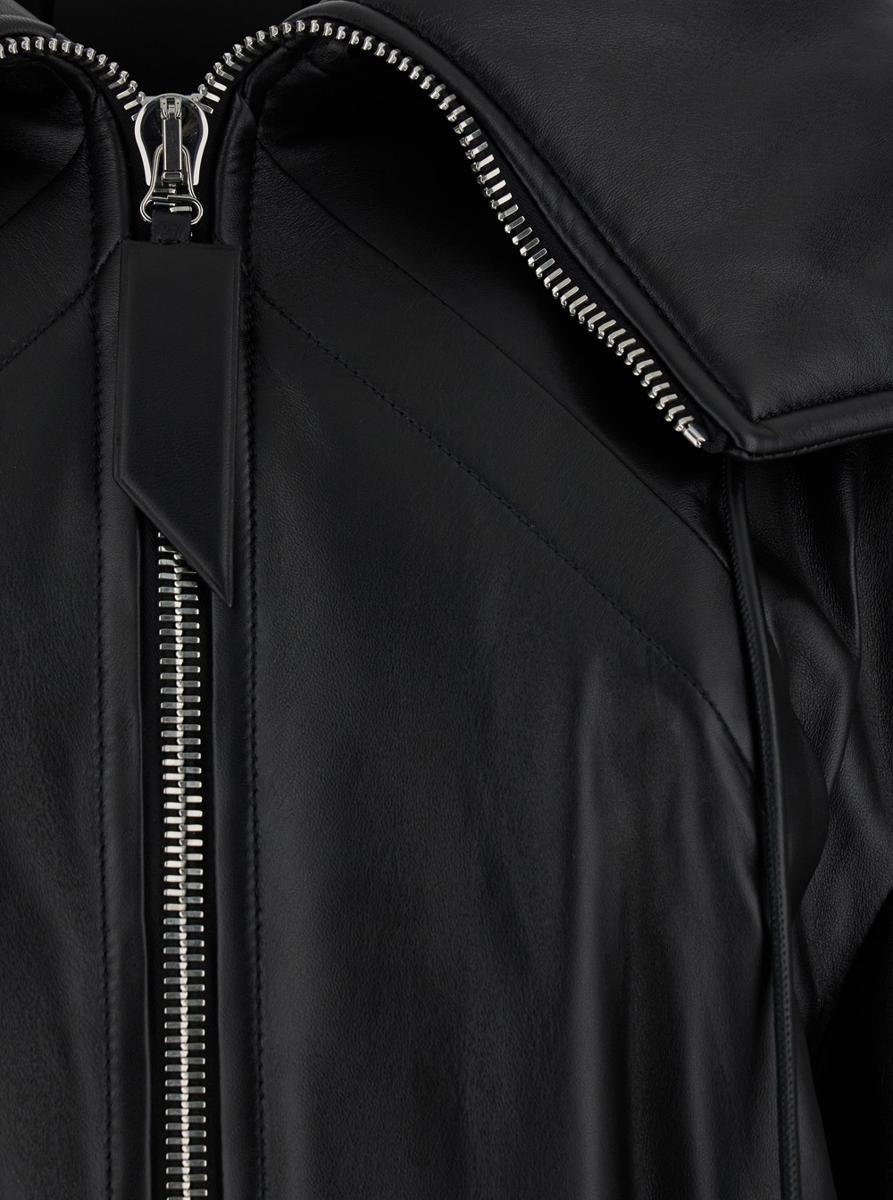 Black Bomber Jacket With Zipped Oversized Hood In Leather Woman