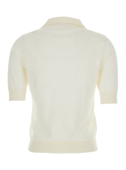 White Polo With V-Neck And Short Sleeves In Virgin Wool Woman