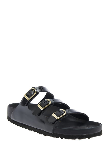 'Florida' Black Sandals With Adjustable Buckle Closure And Three Straps In Leather Woman