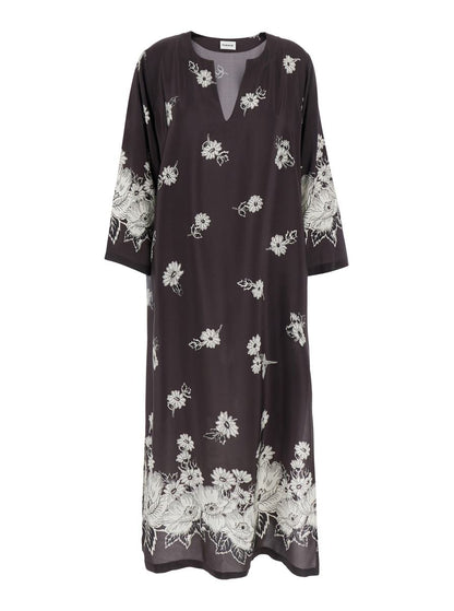 Black And White Long Dress With V-Neck And All-Over Floral Printed Pattern In Silk Woman