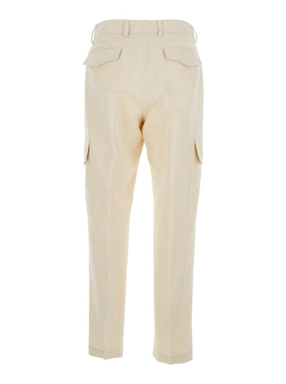 White Pants With Cargo Pockets In Cotton And Linen Blend Woman