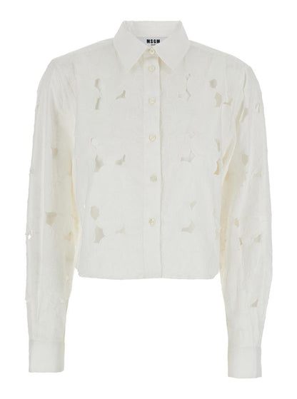 White Shirt With Classic Collar And All-Over Perforated Details In Cotton Woman