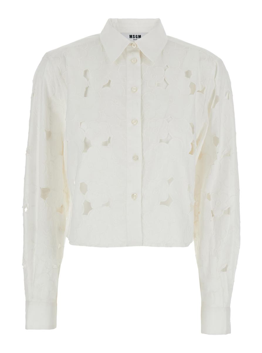 White Shirt With Classic Collar And All-Over Perforated Details In Cotton Woman