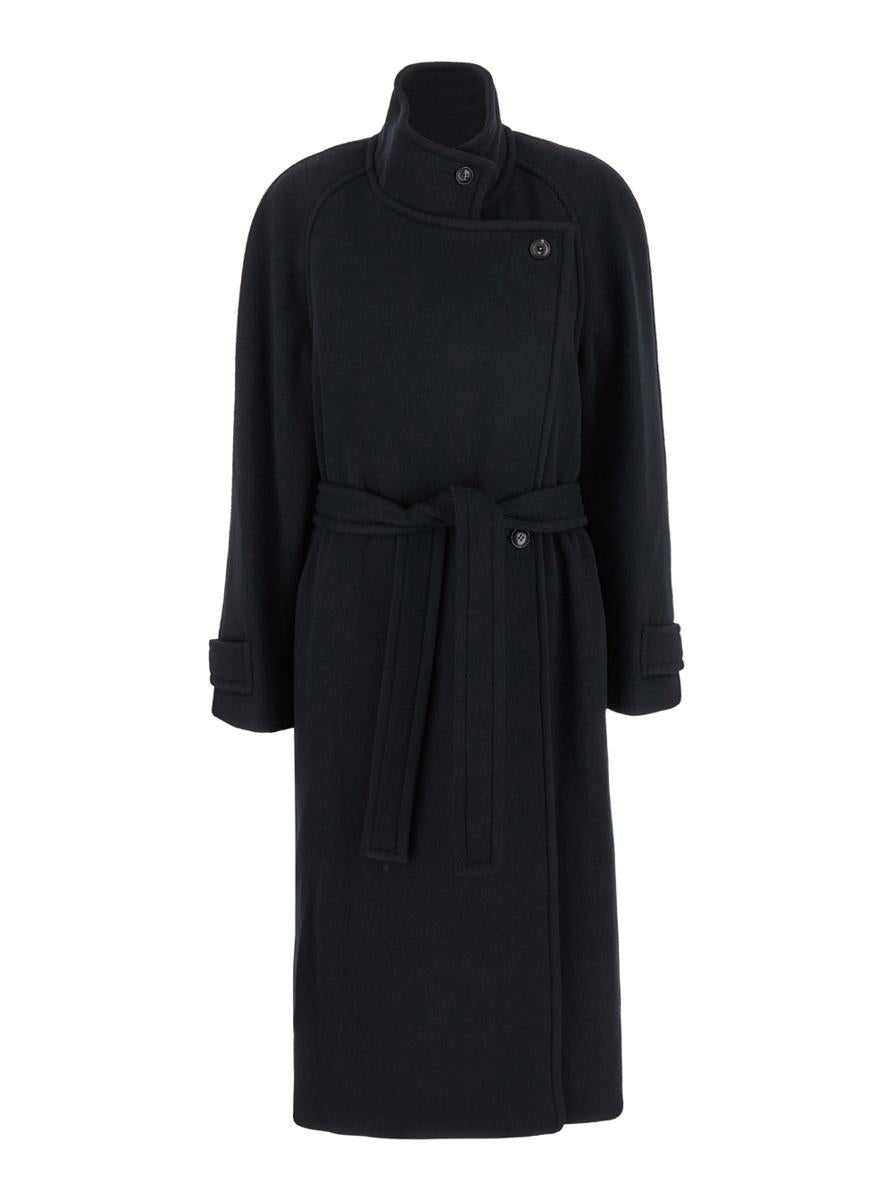 Black Double-Breasted Coat With Removable Belt And Wraparound Design In Wool Blend Woman