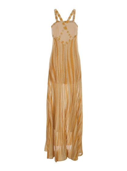 Metallic Long Sleeveless Dress With Square Neck And Criss-Crossed Shoulder Straps On The Rear In Tech Fabric Woman
