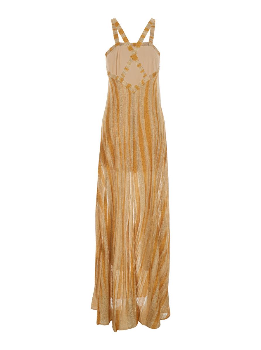 Metallic Long Sleeveless Dress With Square Neck And Criss-Crossed Shoulder Straps On The Rear In Tech Fabric Woman
