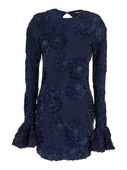 Blue Dress With Mesh Inserts And Embossed Flowers In Fabric Woman