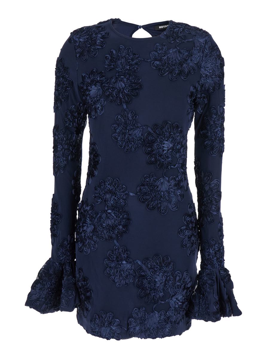 Blue Dress With Mesh Inserts And Embossed Flowers In Fabric Woman