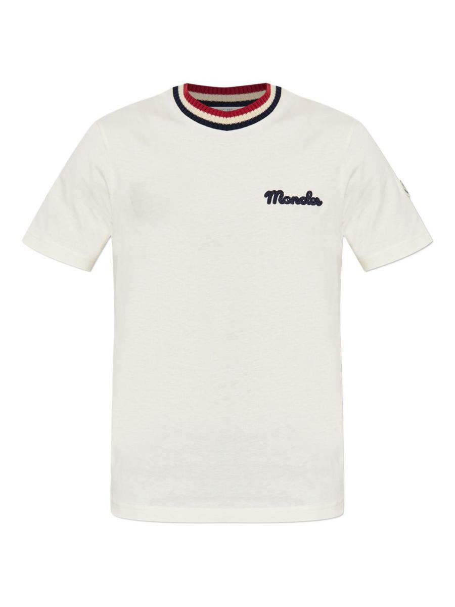 Moncler White Cotton T-Shirt With A Contrasting Ribbed Striped Collar And Logo