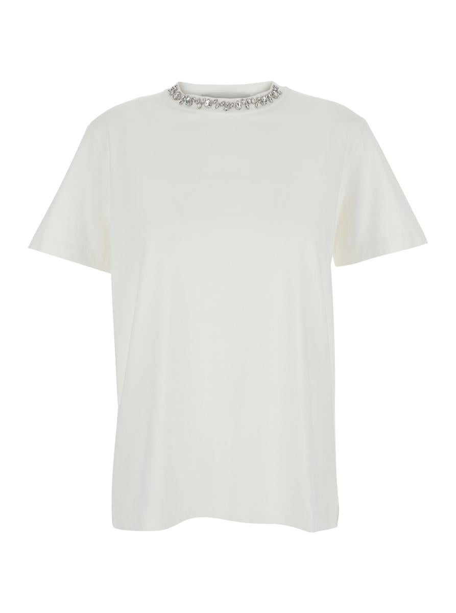 White Crewneck T-Shirt With Rhinestone Embellishments On The Collar And Logo Detail On The Rear In Cotton Woman