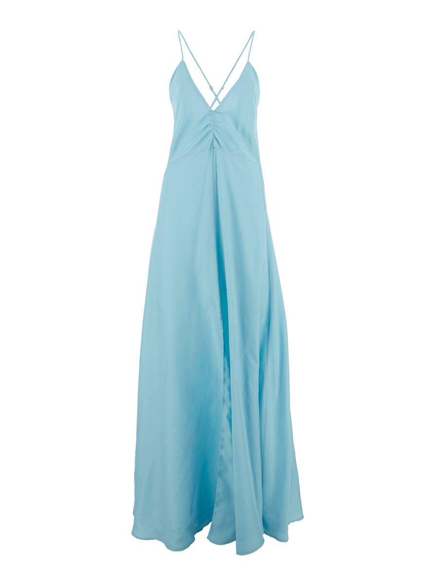 Light Blue Sleeveless Long Dress With Criss-Crossed Spaghetti Straps And Rear Button Closure In Tech Fabric Woman