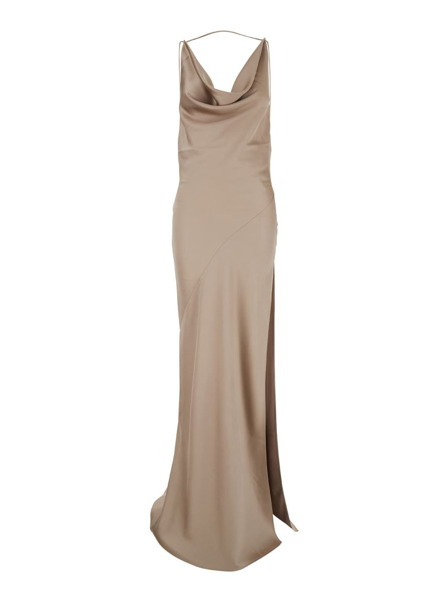 'Vera' Beige Long Dress With Cowl Neck And Open Back In Tech Fabric Woman