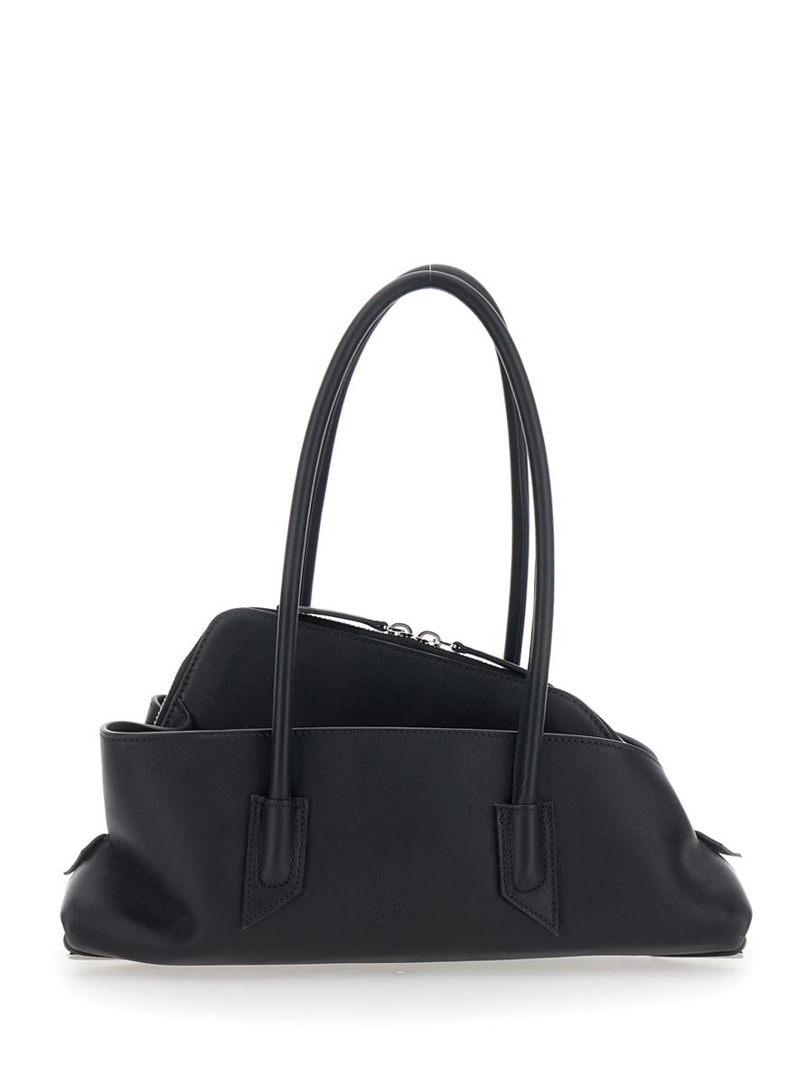 'La Passeggiata Small' Black Shoulder Bag With Tubular Handles And Impressed Logo On The Front In Leather Woman