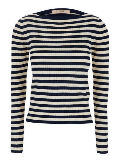 White And Black Top With Ribbed Design And All-Over Striped Motif In Viscose Woman