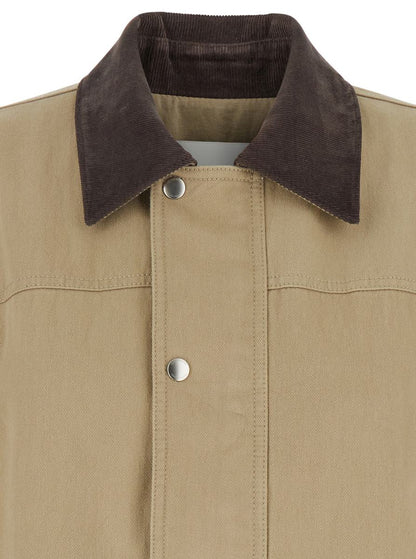Beige Jacket With Corduroy Collar And Front Snap Button Closure In Cotton Woman