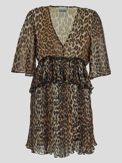 Ganni Pleated Georgette V-Neck Flounce Mini Dress