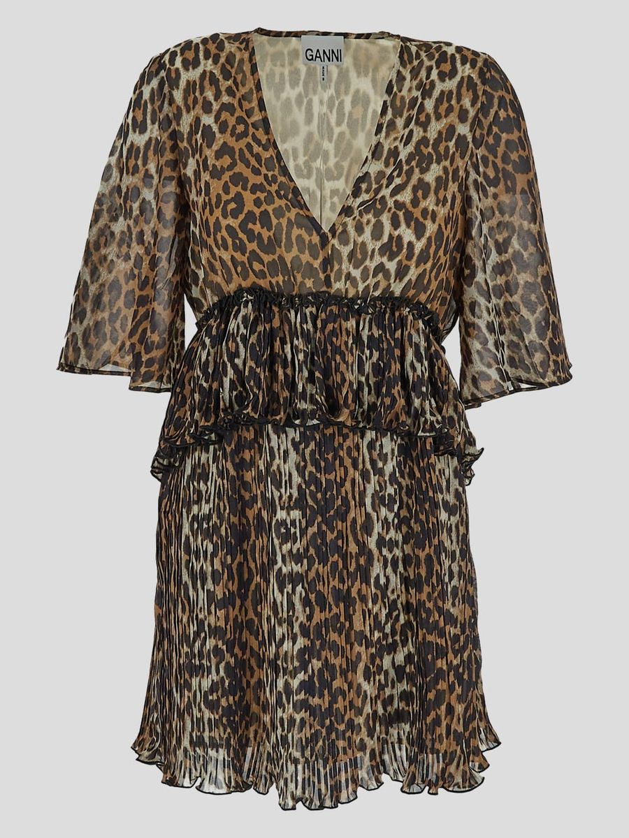 Ganni Pleated Georgette V-Neck Flounce Mini Dress