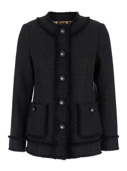 Black Single-Breasted Jacket With Branded Button In Tweed Woman