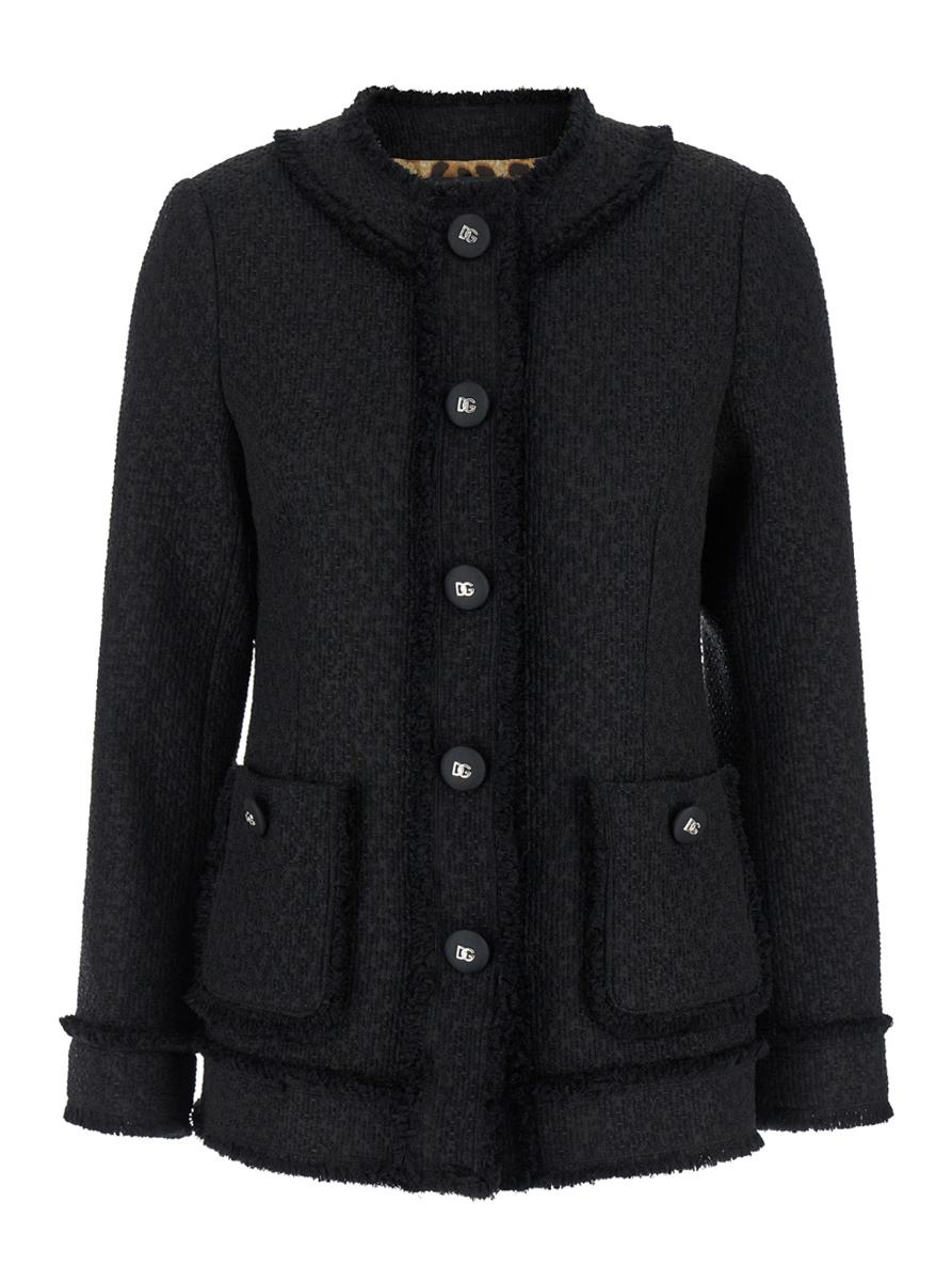 Black Single-Breasted Jacket With Branded Button In Tweed Woman