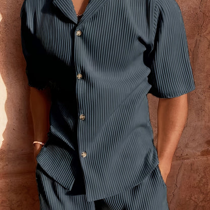 2 Peças Conjunto Casual Masculino de Verão, Camisa Manga Curta com Calça de Cordão e Tecido Não Elástico, Corte Regular para Uso Diário e Praia, Cor Sólida