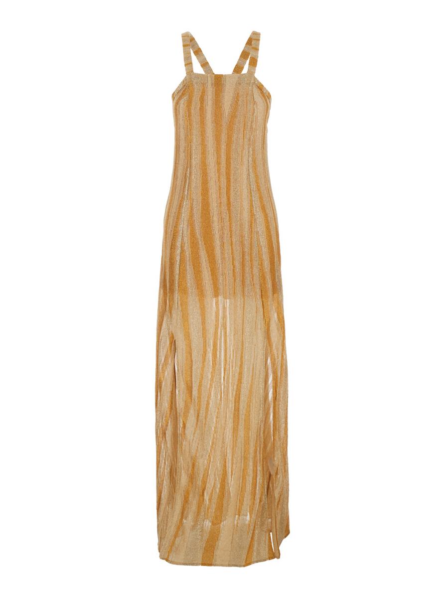 Metallic Long Sleeveless Dress With Square Neck And Criss-Crossed Shoulder Straps On The Rear In Tech Fabric Woman