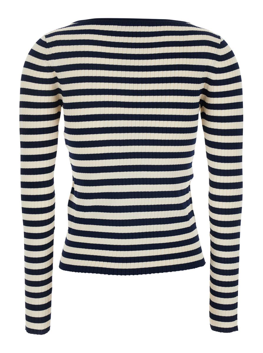 White And Black Top With Ribbed Design And All-Over Striped Motif In Viscose Woman