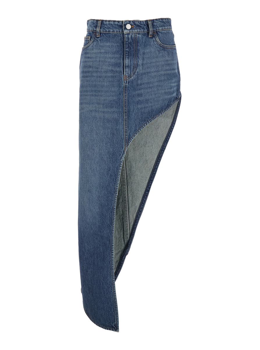 Blue Skirt With Logo Patch On The Rear And Diagonal One-Leg Cut In Denim Woman