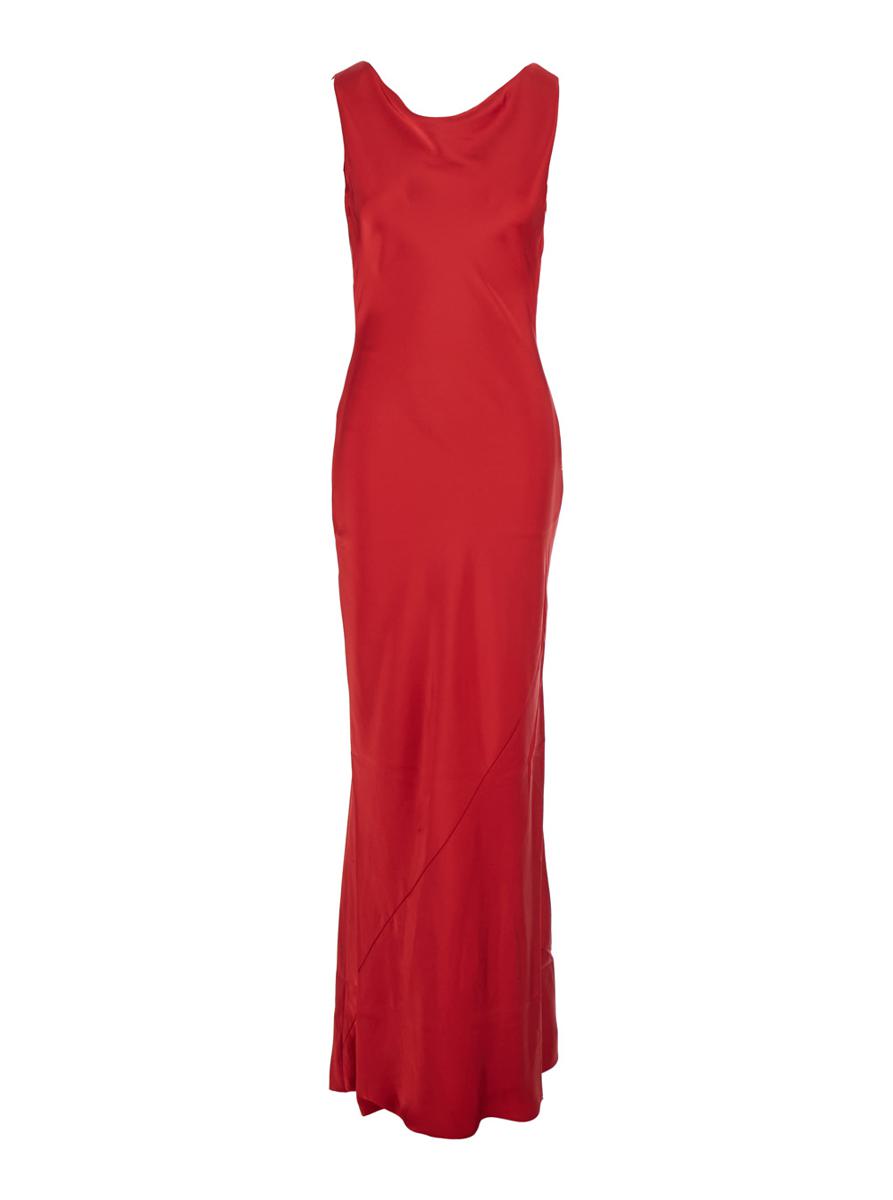 Red Sleeveless Dress With Draped Neckline And Low Rear In Tech Fabric Woman