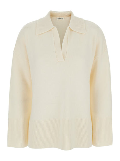 White Sweater With Polo Shirt Style Collar And Dropped Shoulder In Wool And Cashmere Woman