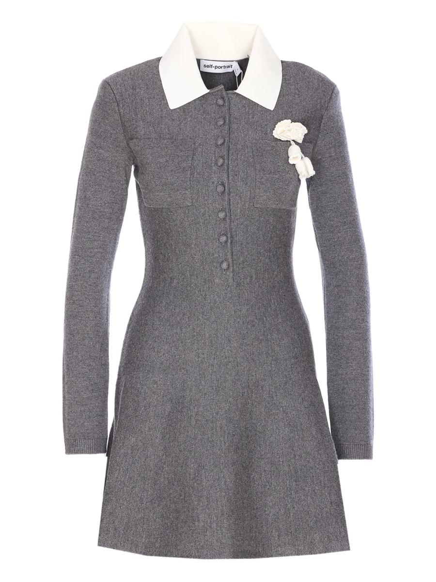 Self-Portrait Grey Crochet Flower Collared Knit Mini Dress Clothing