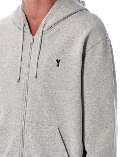 AMI Paris Grey Zipped Cotton  De Coeur Hoodie
