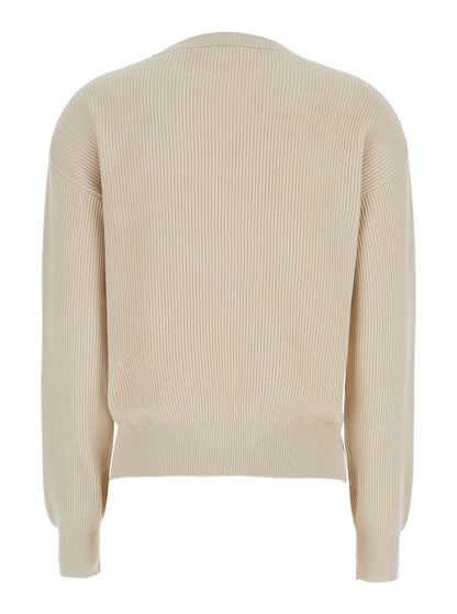 Beige Crewneck Sweater With Dropped Shoulders In Cotton Woman