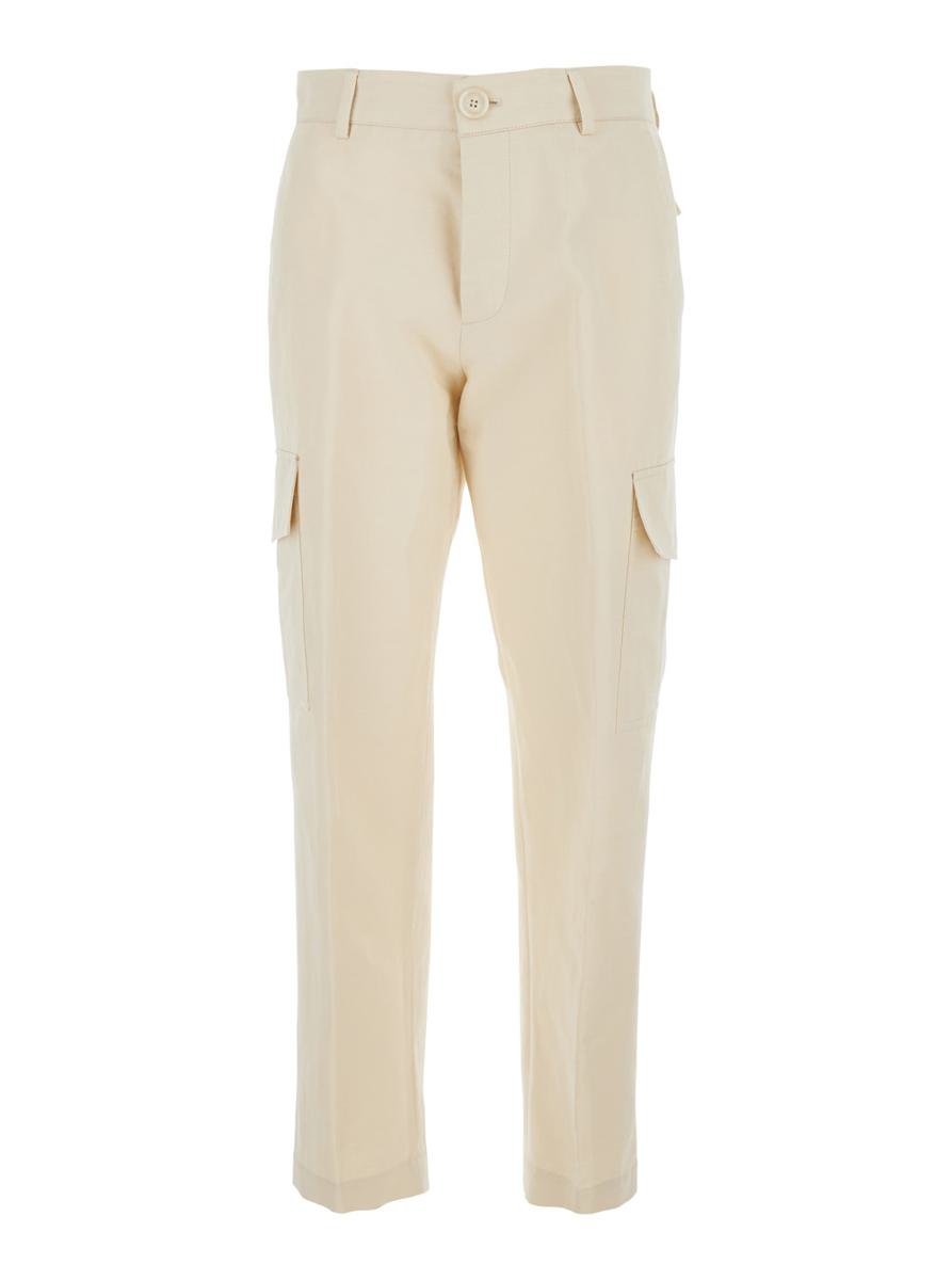 White Pants With Cargo Pockets In Cotton And Linen Blend Woman