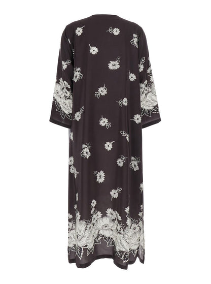 Black And White Long Dress With V-Neck And All-Over Floral Printed Pattern In Silk Woman