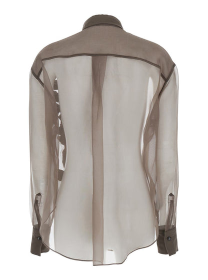 Brown Shirt With Semi-Transparent Design And Embroidery On The Front In Silk Woman