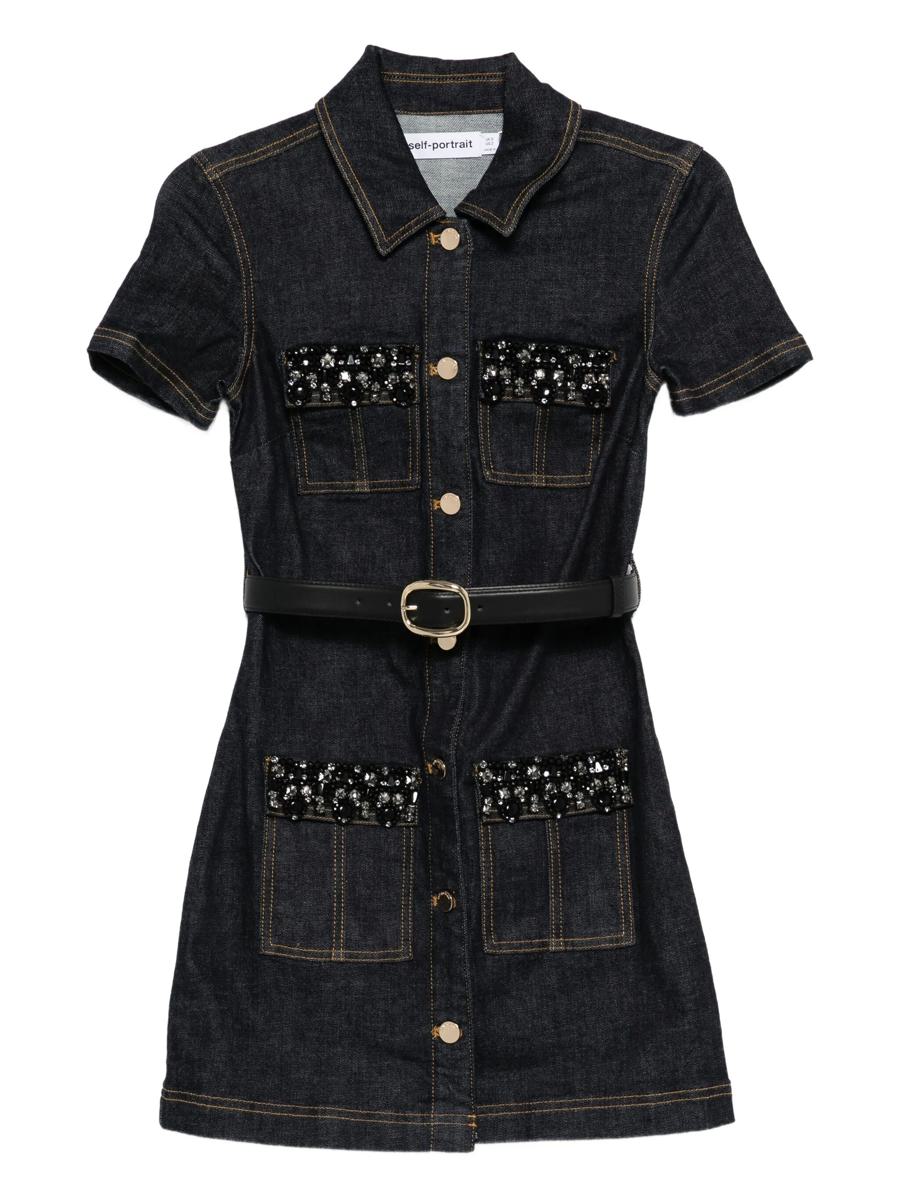 Self-Portrait Indigo Denim Crystal Trim Mini Dress Clothing