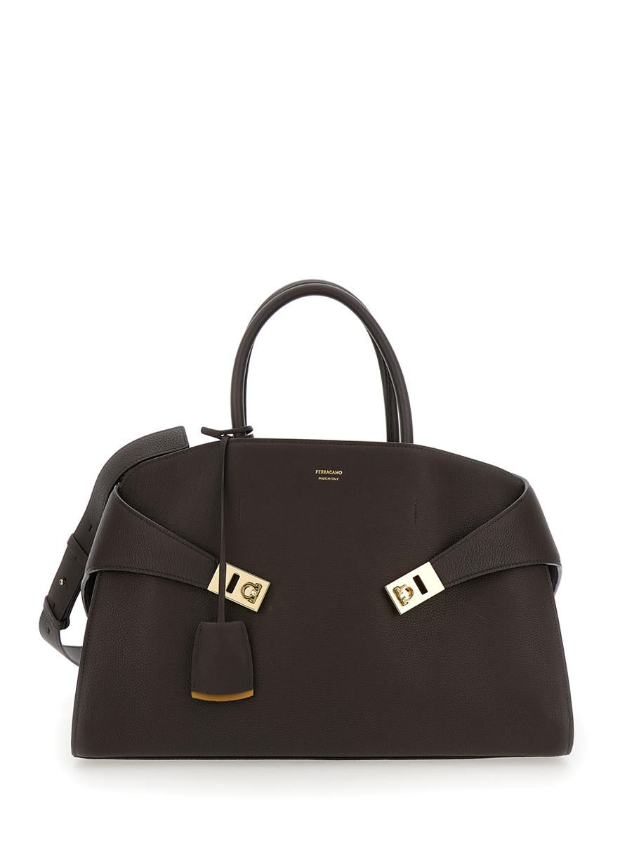 'Hug Bicolor' Brown Handbag With Logo And Gancini Buckle In Leather Woman