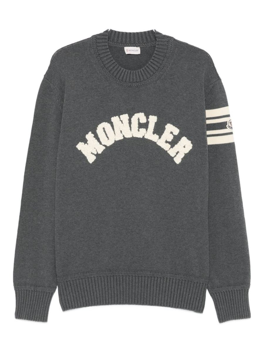 Moncler Grey Cotton Sweater With Logo Emboidery