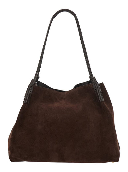 'Libra' Brown Big Shoulder Bag With Logo Embroidery On The Front And Braided Handles In Suede Woman