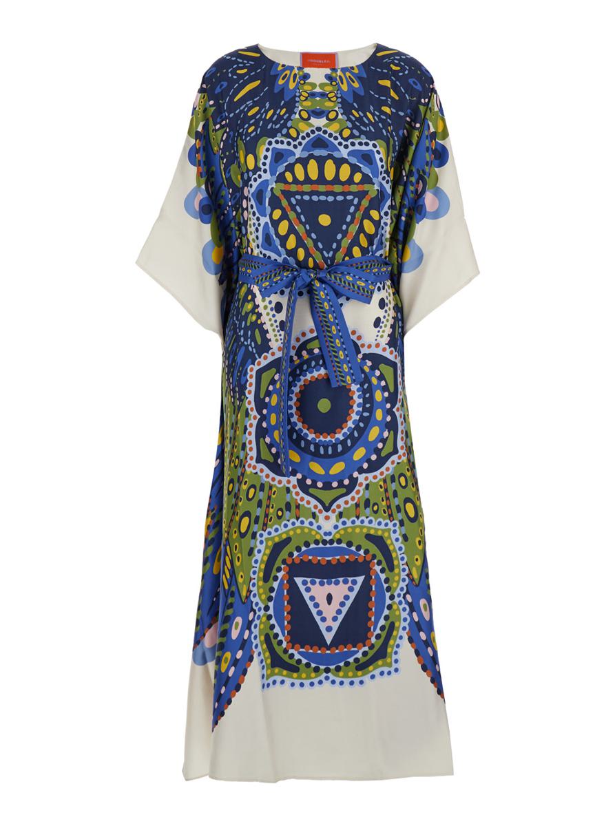 Multicolor Kaftan With Belted Waist And All-Over Graphic Print In Silk Woman