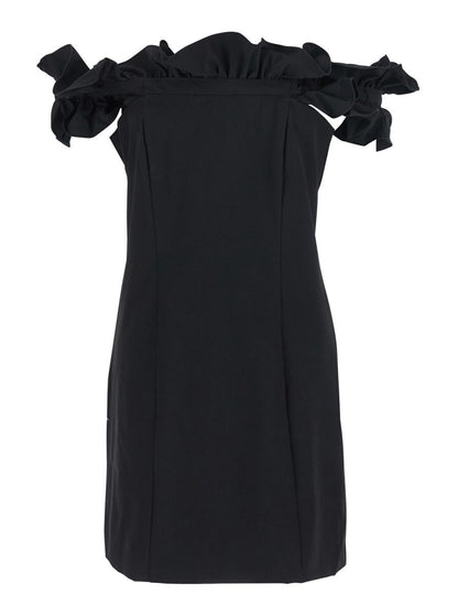 Black Dress With Ruffle Decorations And Ruffle Details In Tech Fabric Woman