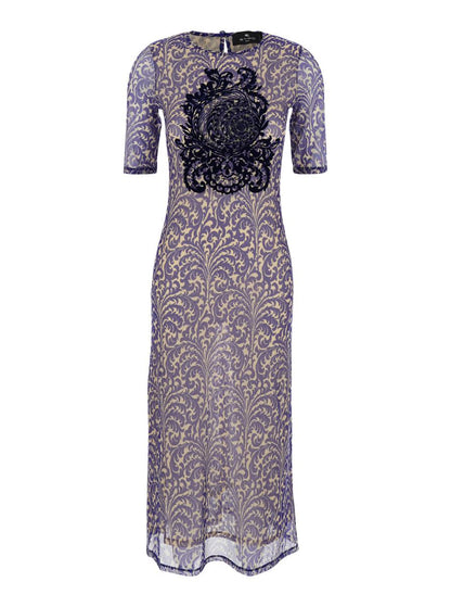 Blue Long Dress With Maxi Floral Print On The Front And All-Over Print In Tech Fabric Woman