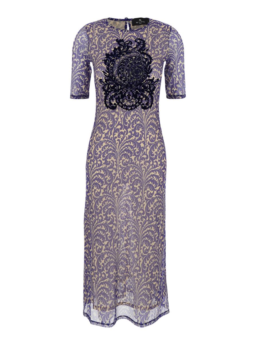 Blue Long Dress With Maxi Floral Print On The Front And All-Over Print In Tech Fabric Woman