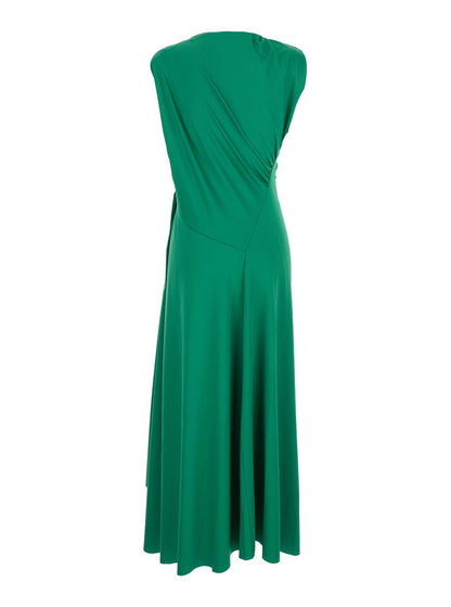 Green Long Dress With Pleated Details In Tech Fabric Woman